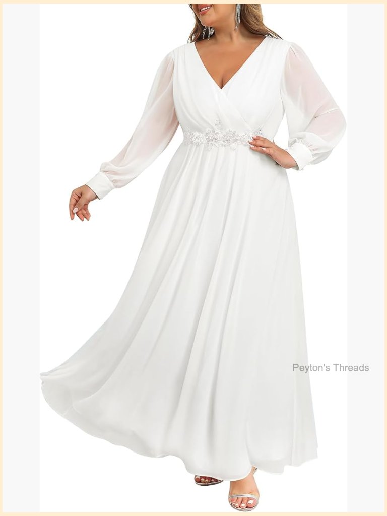 Long Sleeve Maxi Dress Chiffon Formal Applique High Waist A-Line
